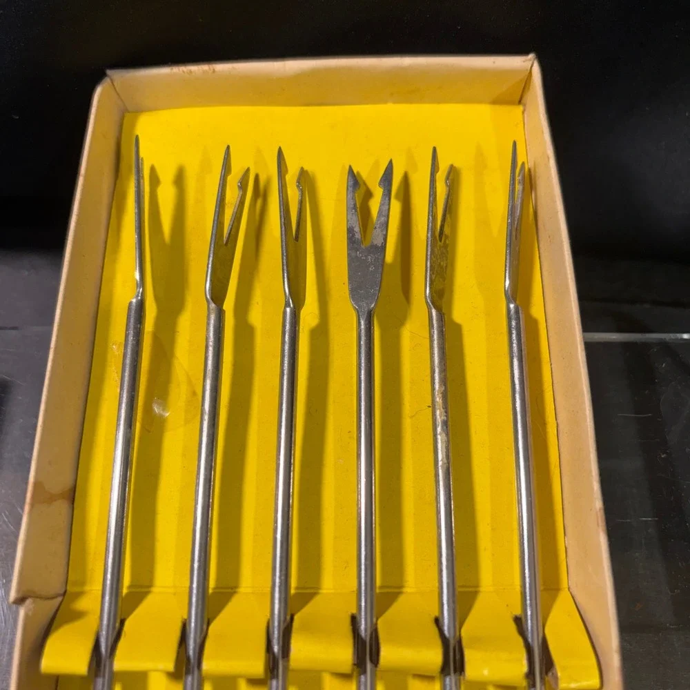 Vintage Set of 6 Stainless Steel Fondue Forks Genuine Rosewood Handles Color Tip
